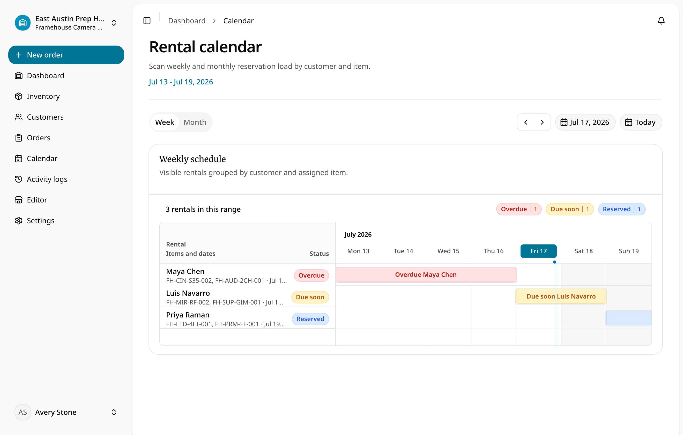 Rental availability calendar showing equipment reservations, checkout windows, and due-back dates