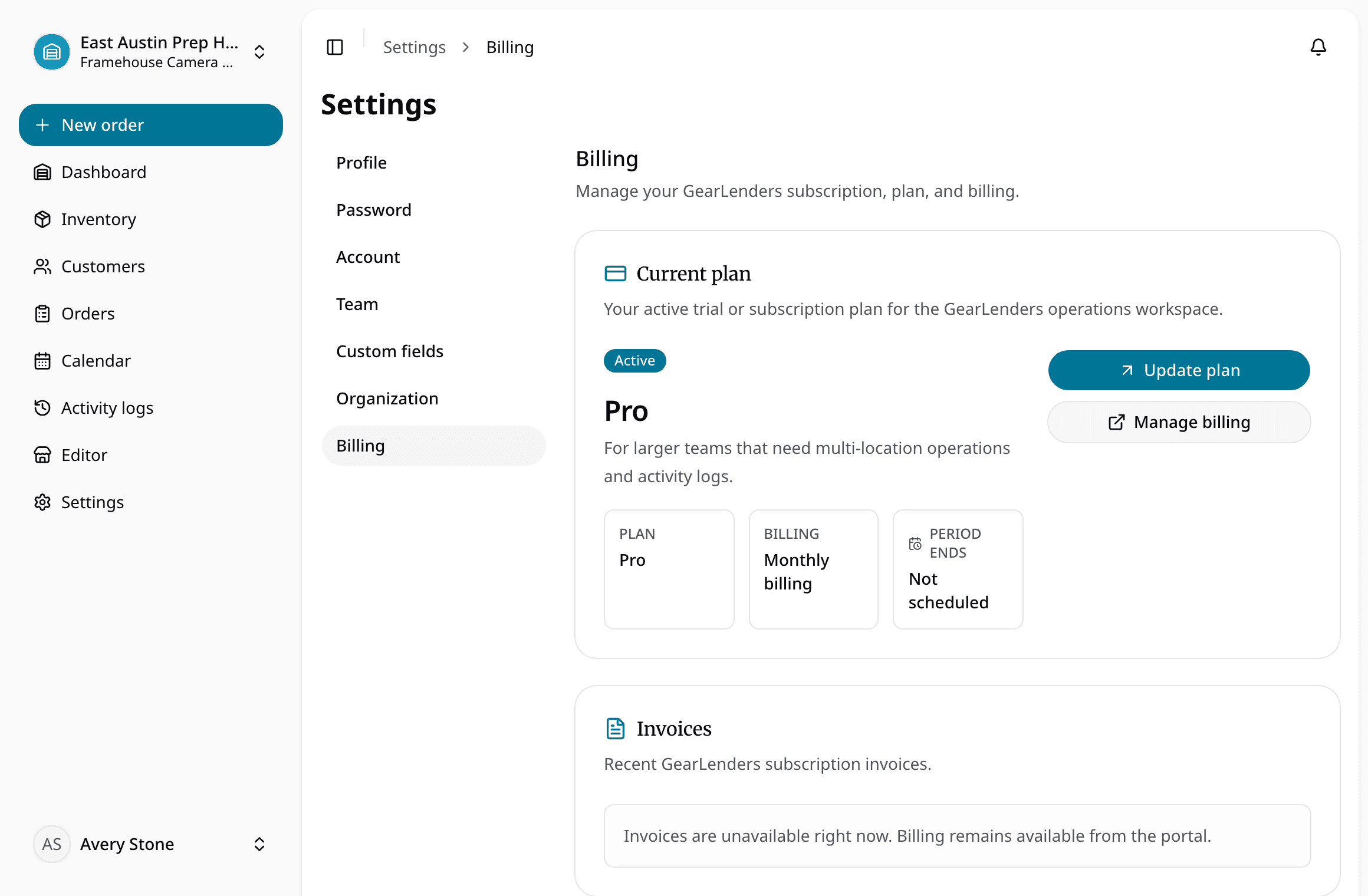 Billing setup view showing plan status, Stripe Connect readiness, and deposit payment configuration
