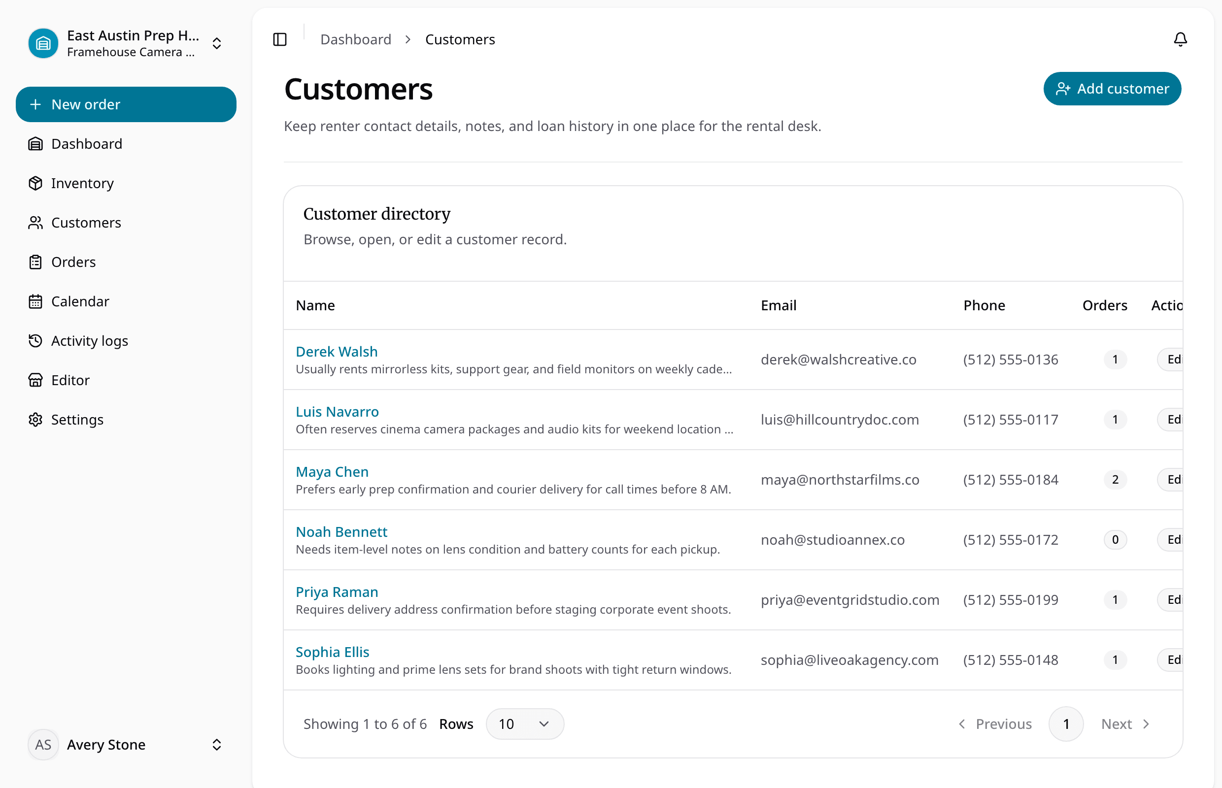 Customer directory for rental operators with order counts, contact details, and account notes