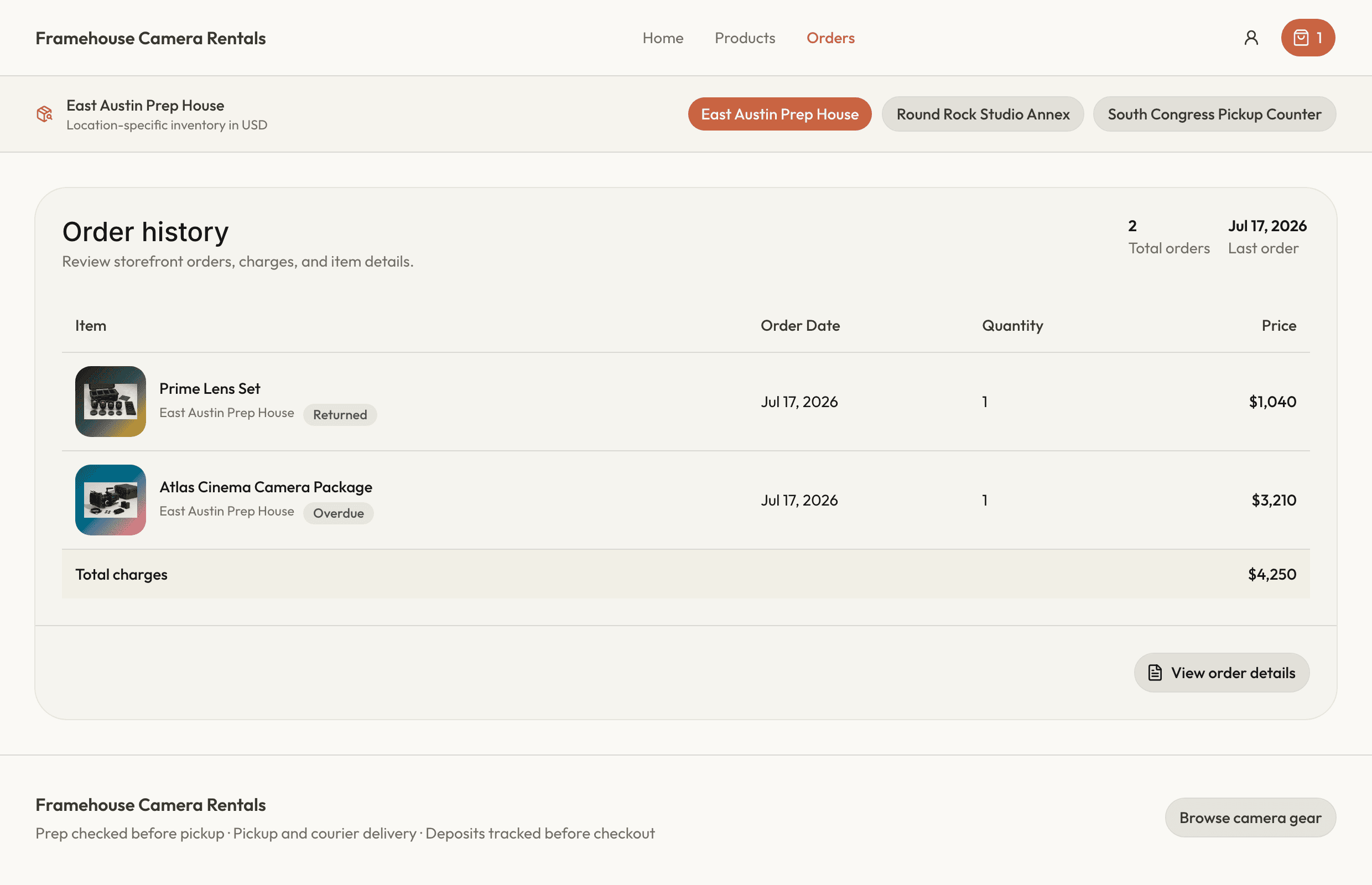 Customer account order history showing active rentals, return dates, deposits, and past orders