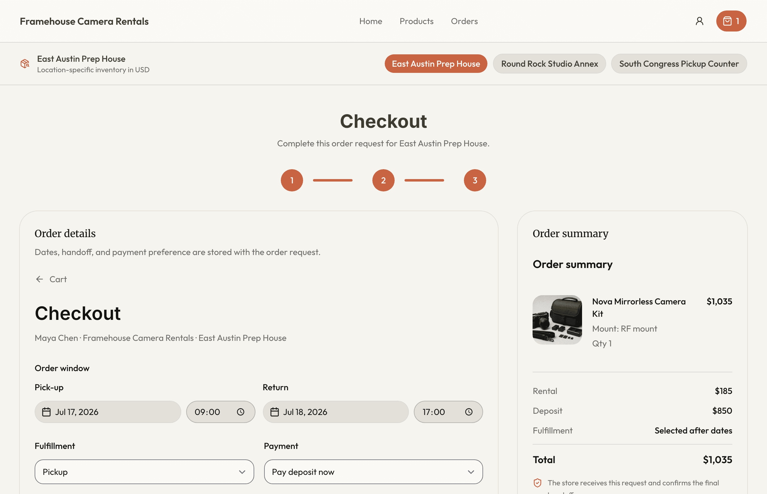 RentalBench rental checkout with payment and deposit options
