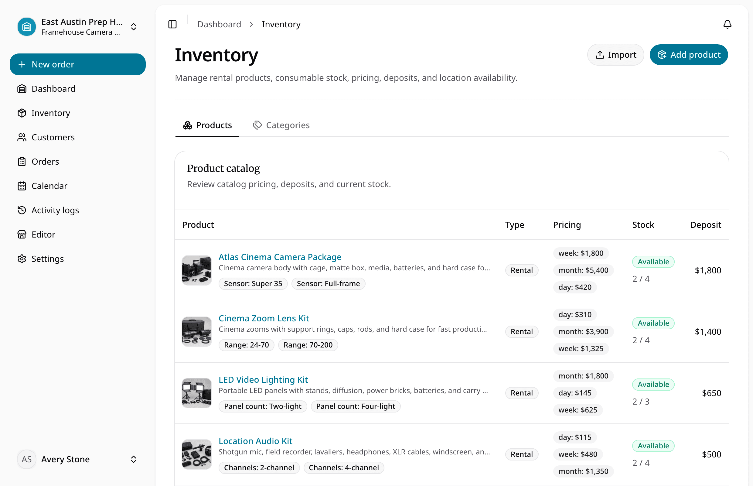 RentalBench inventory catalog with variants, pricing, stock, and deposits