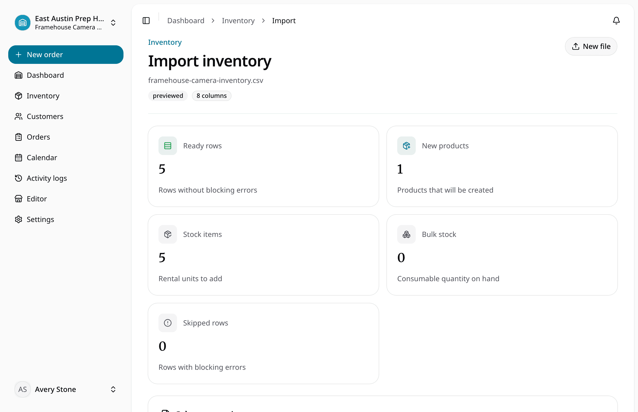 Spreadsheet import field mapping for product names, SKUs, rates, deposits, and item status