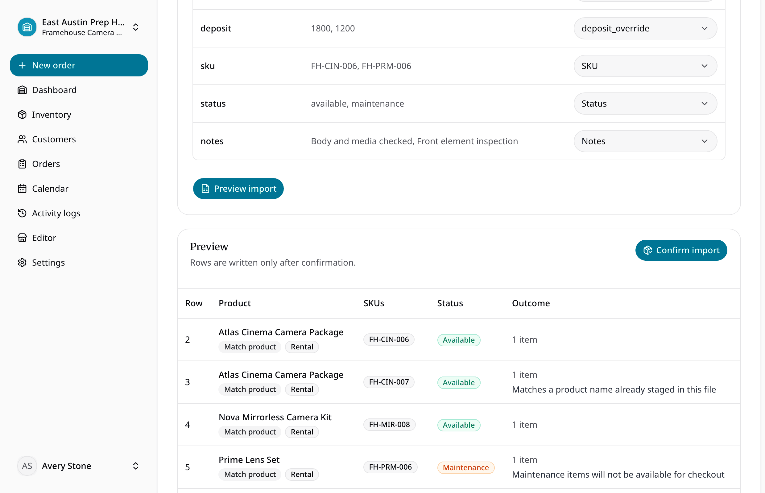 RentalBench inventory import preview with staged rows and validation warnings