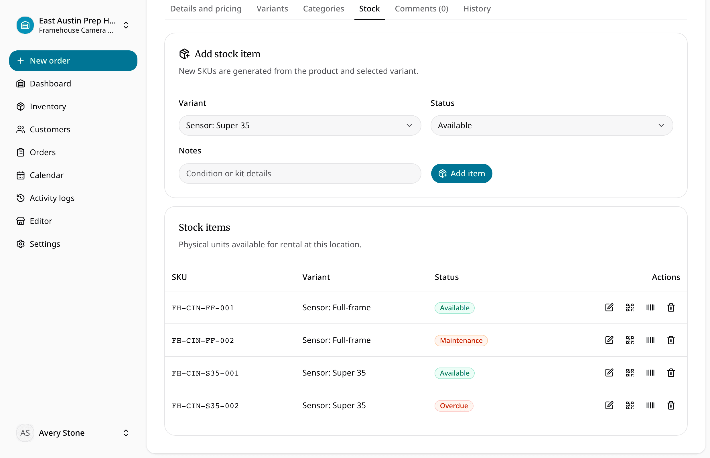 RentalBench item status view with available, reserved, checked-out, overdue, and maintenance units