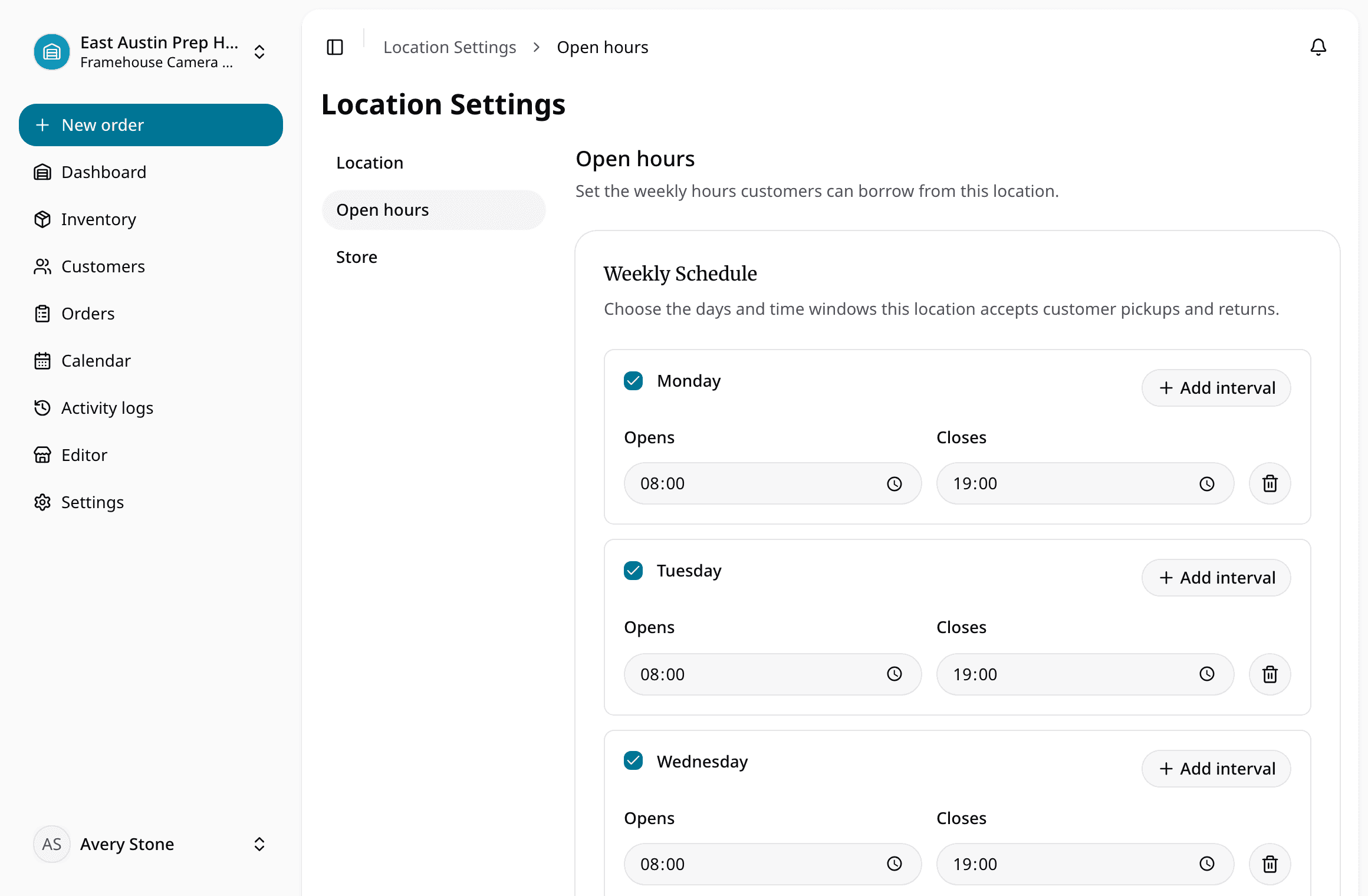 Rental location schedule settings with open hours, pickup windows, and closed days
