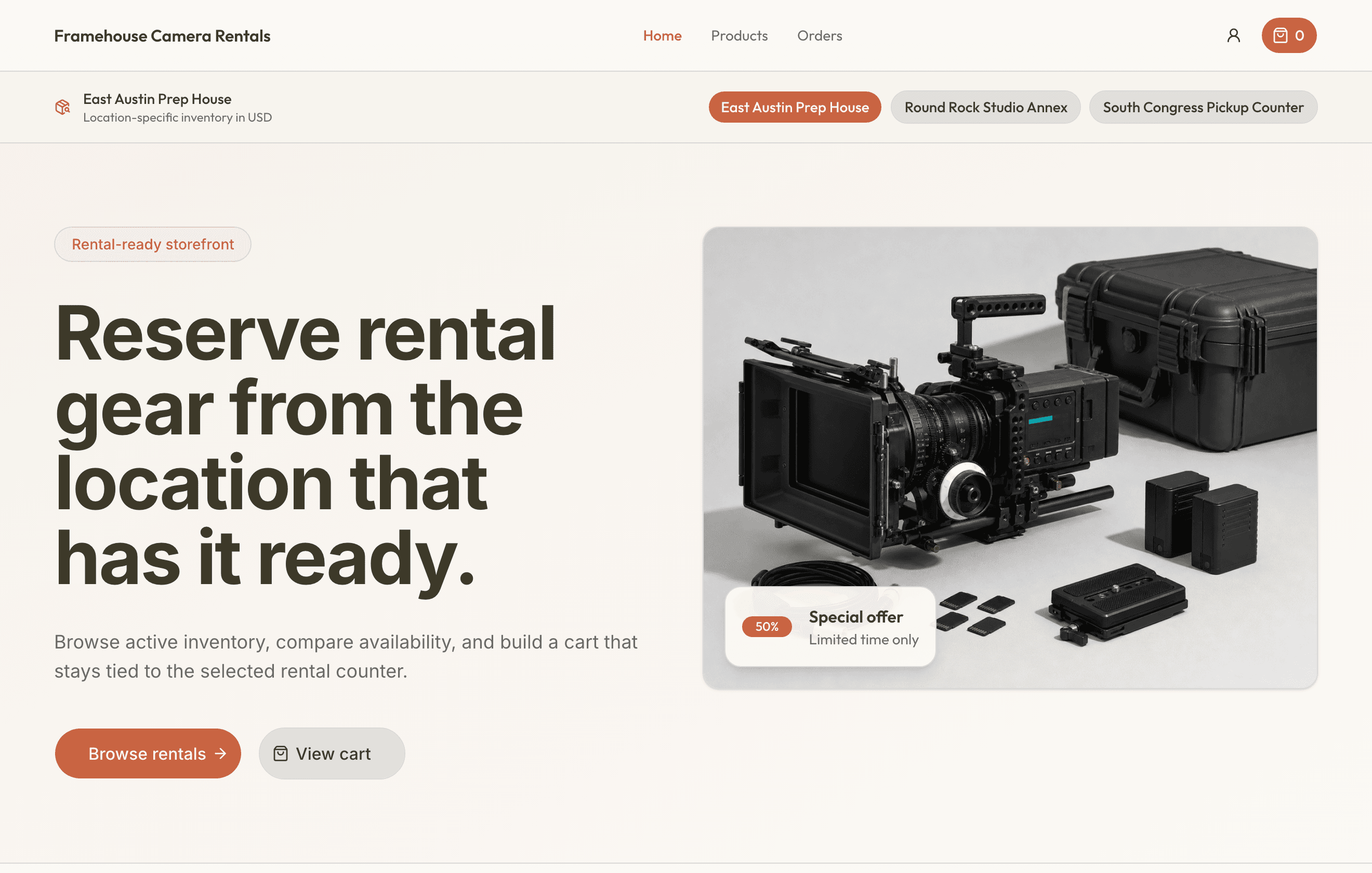 Customer-facing RentalBench rental storefront with categories and products