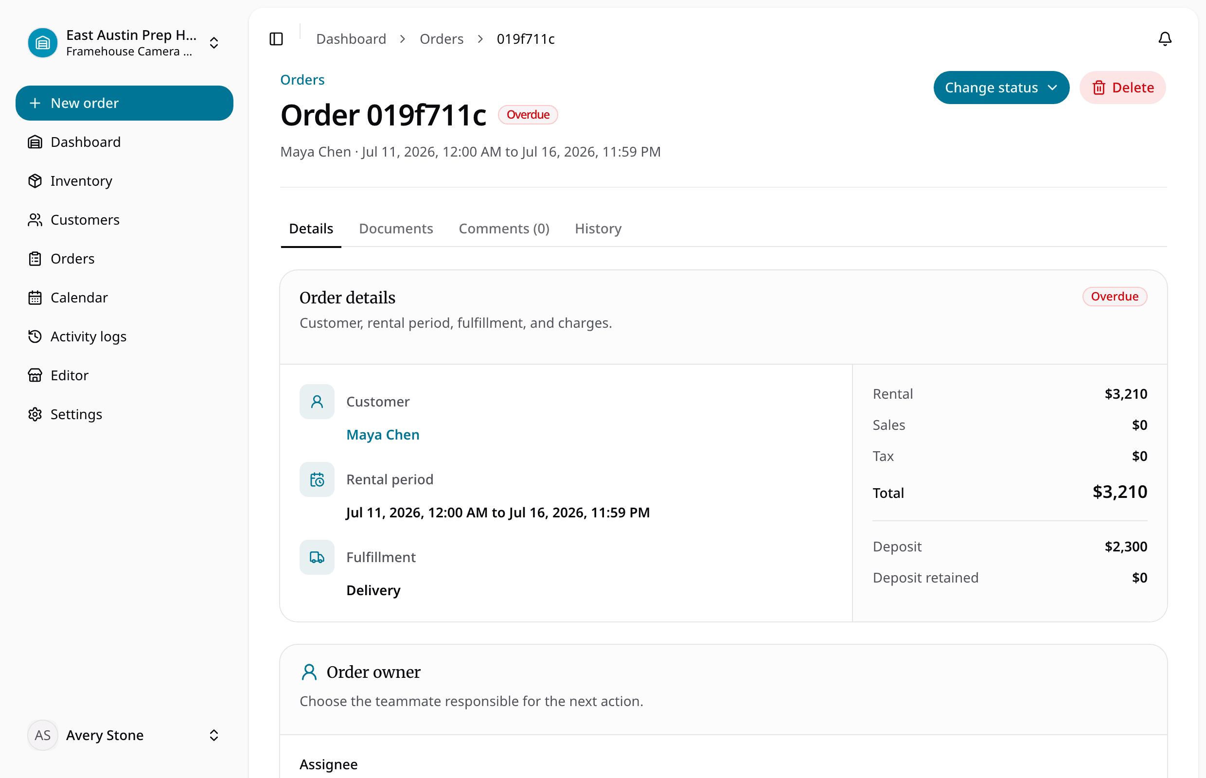 RentalBench rental order with customer, dates, equipment, deposit, and lifecycle actions