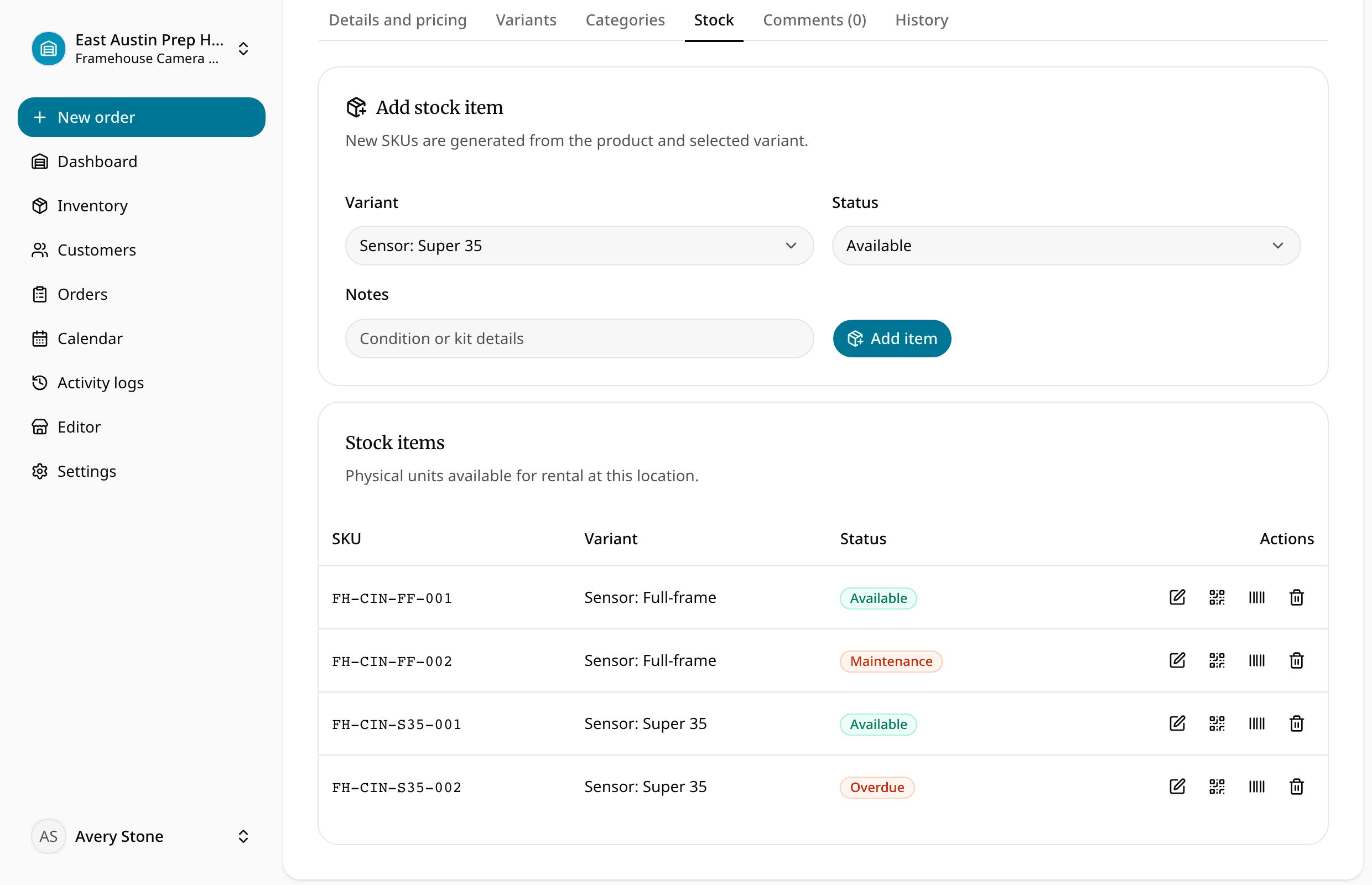 RentalBench item records with SKUs, status, variants, and location