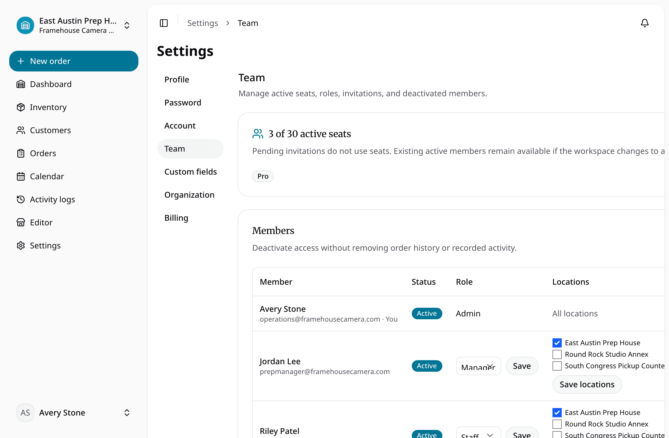 Team invitation settings for rental staff roles, pending invites, and location access