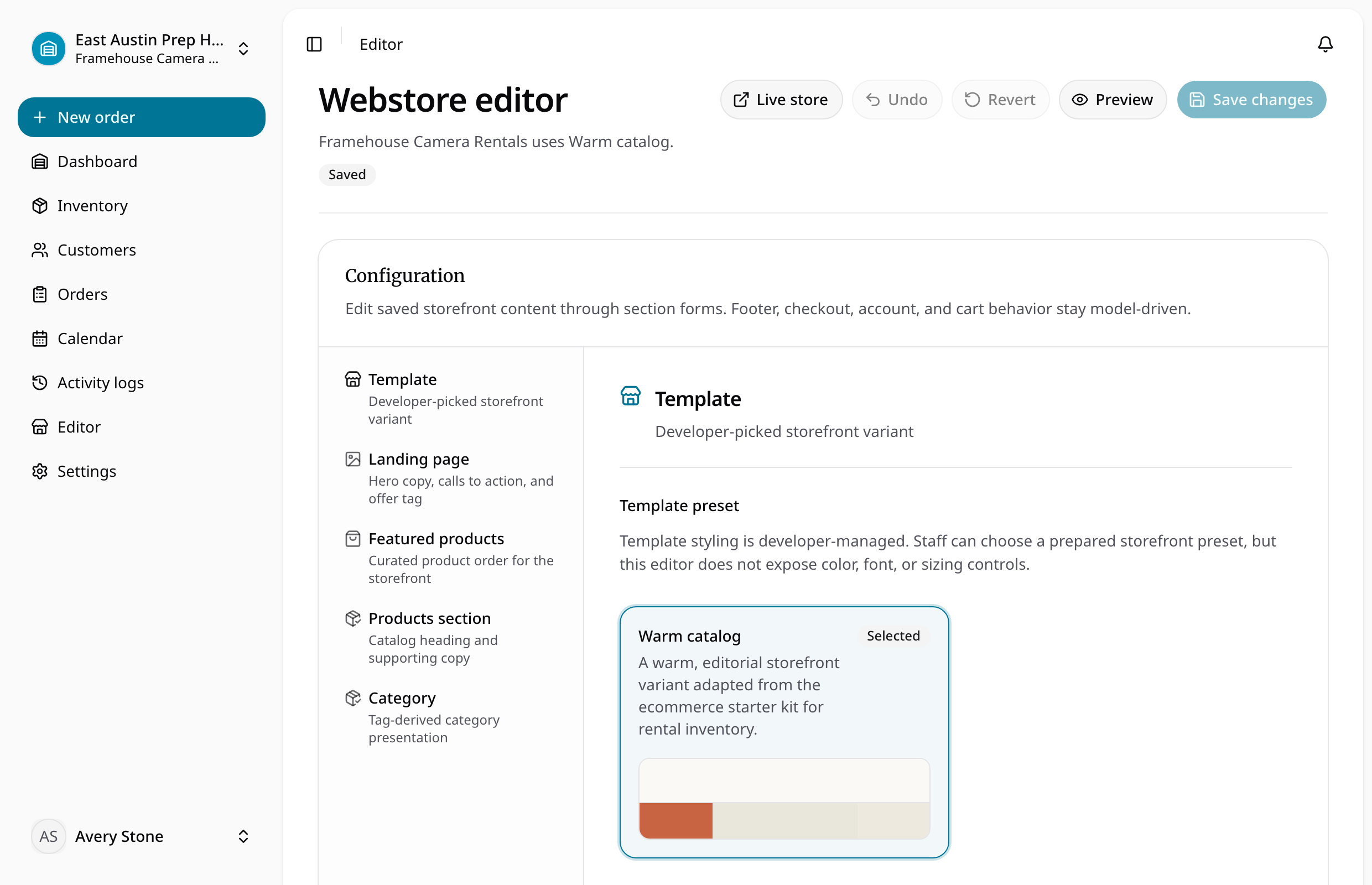 RentalBench webstore builder with storefront content and settings