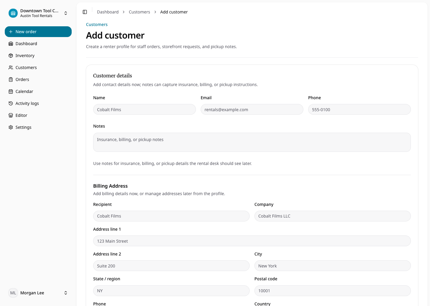 New customer form