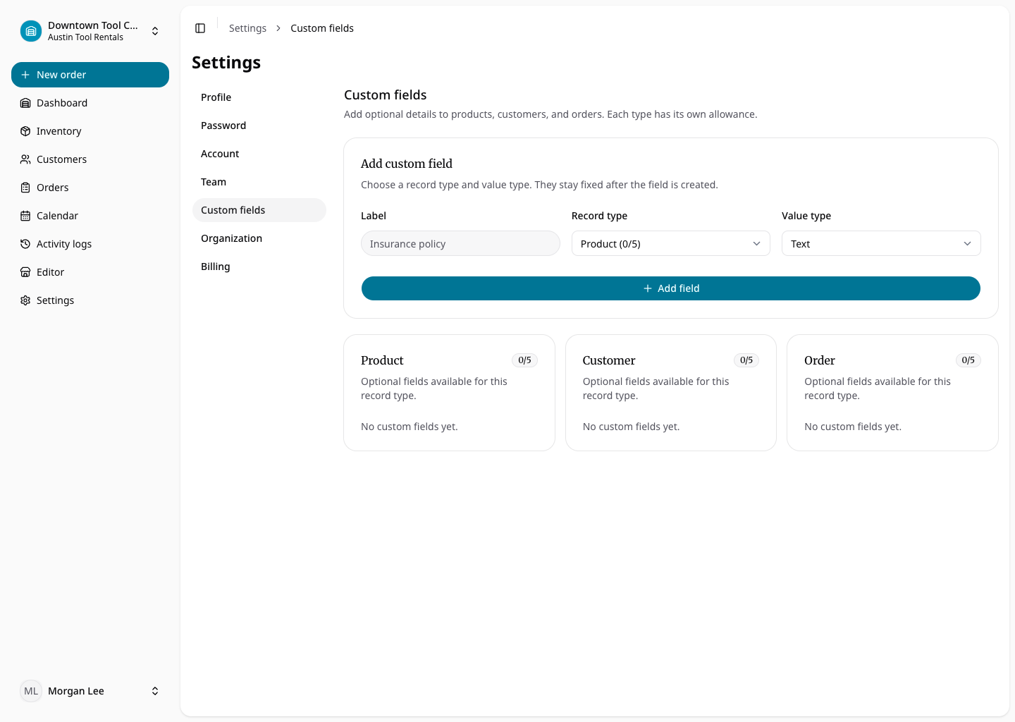Custom field settings