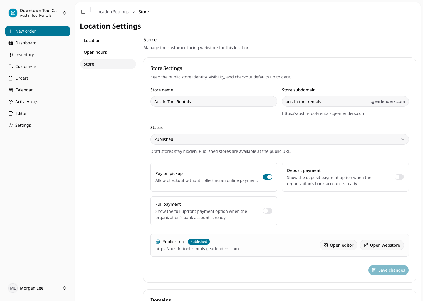 Webstore address and domain settings